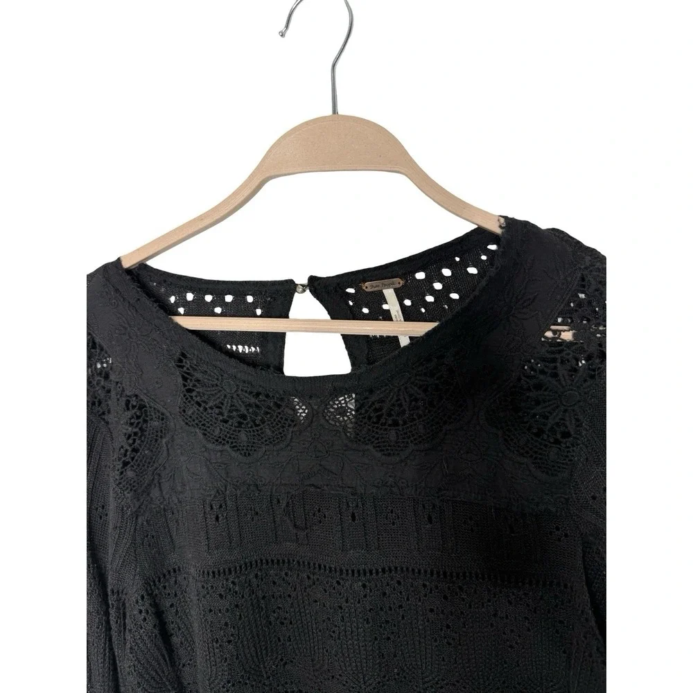 Free People Once Upon A Time Lace Bell Sleeves Top Black Small.‎